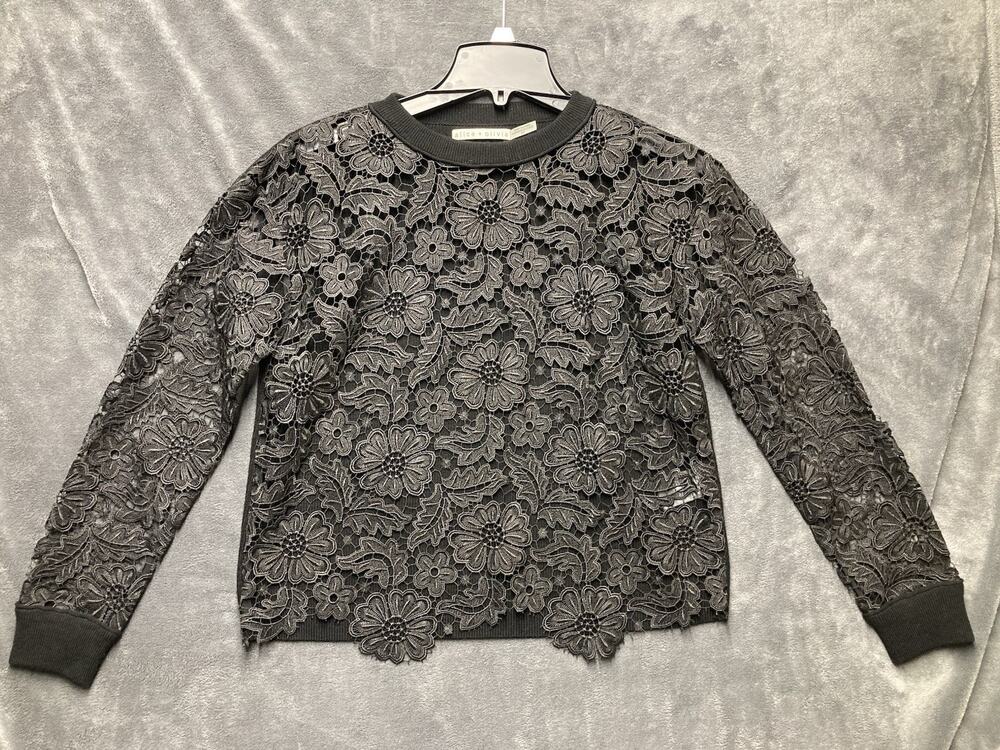 Alice + Olivia Lace Floral Overlay Scallop Hem Wool Crewneck Top S Whimsigoth